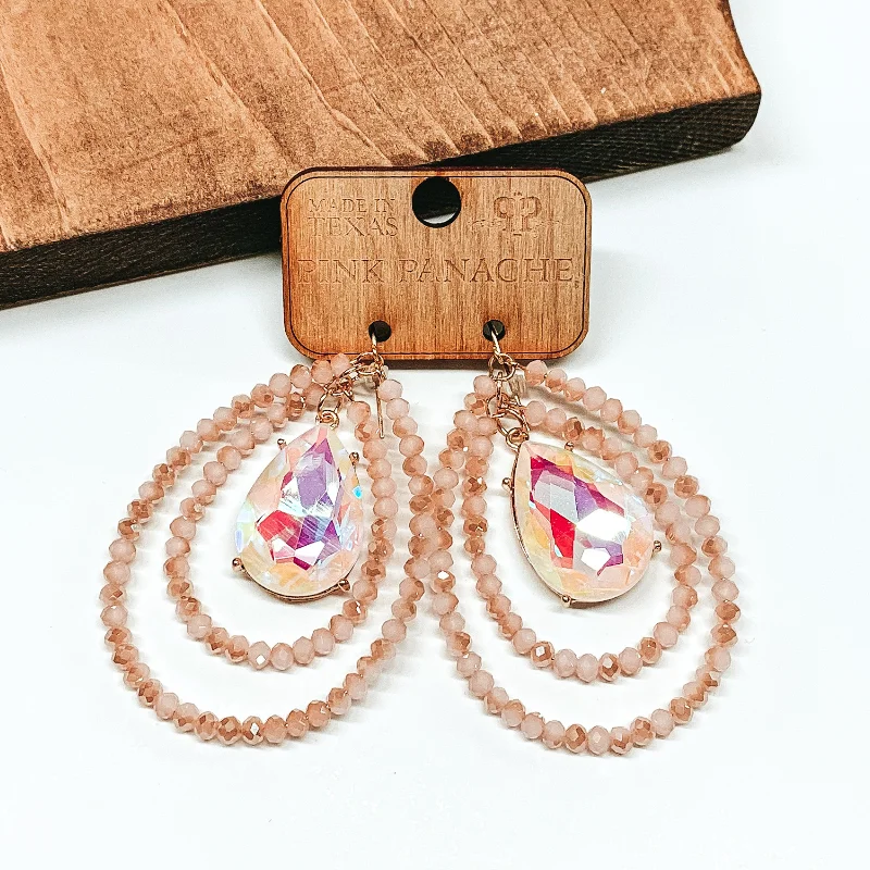 Bold geometric earrings for modern outfits -Pink Panache | Blush Crystal Layered Beaded Teardrop Earrings with White Opal AB Teardrop Crystal