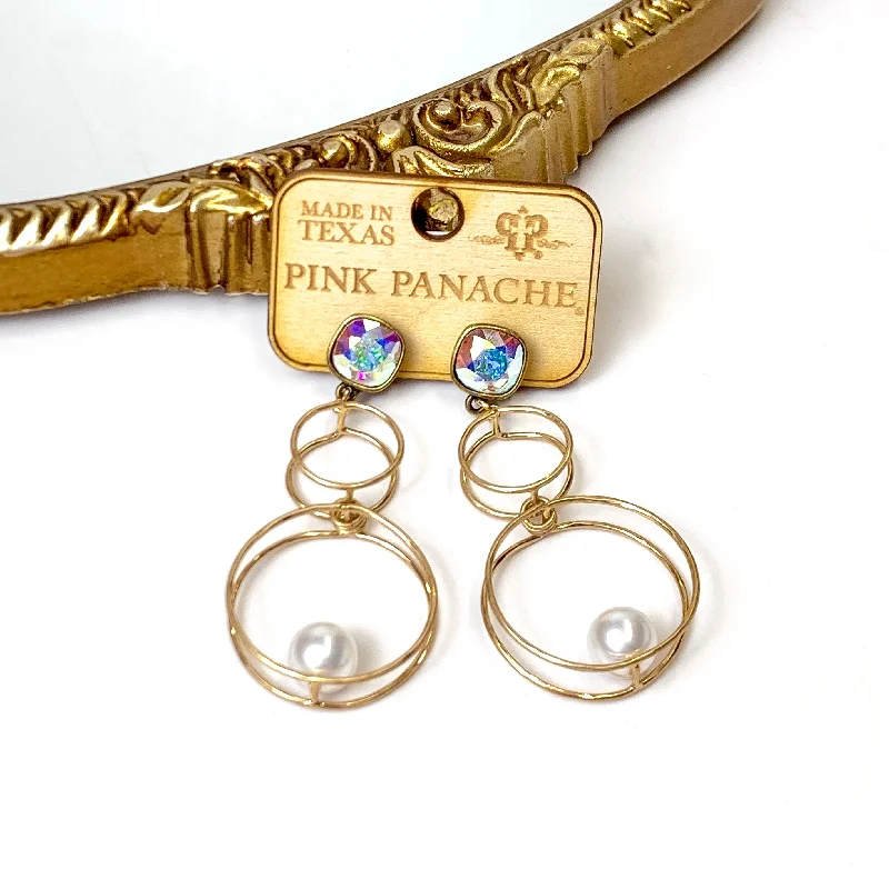 Simple silver earrings for daily wear -Pink Panache | Double Trouble Circle Drop Earrings with AB Cushion Cut Posts and Pearl Accents