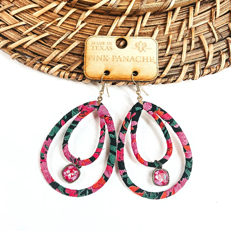 Oversized earrings for bold fashion statements -Pink Panache | Floral Print Layered Teardrop Earrings with Royal Red Delight Cushion Cut Charm