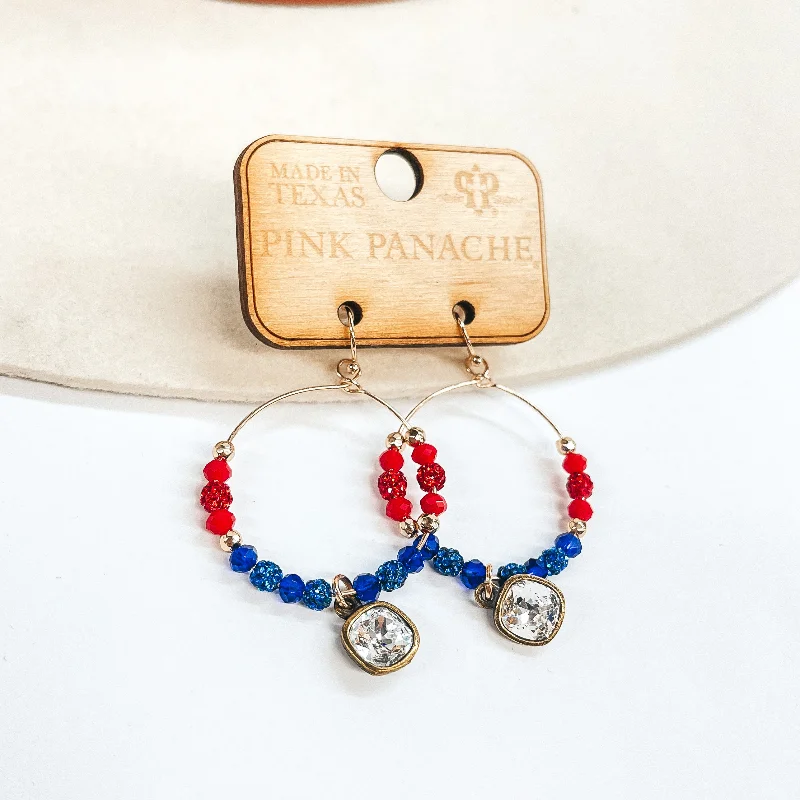 Bold statement earrings for confidence -Pink Panache | Gold Hoop Earrings with Red, White, and Blue Crystalized Beads with Hanging Clear Crystal