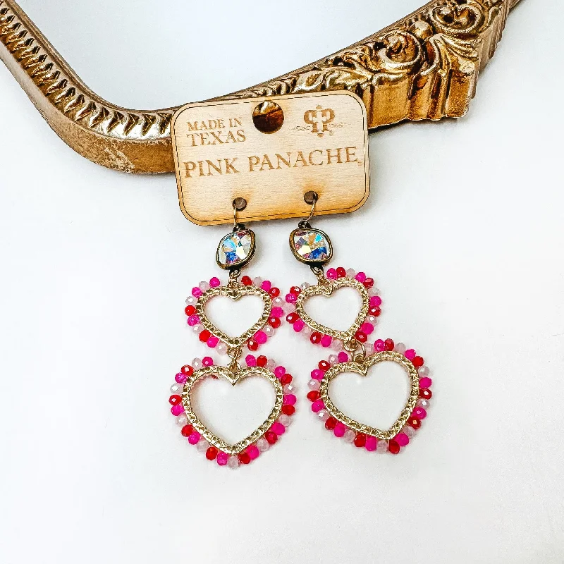 Oval shaped earrings for sophisticated style -Pink Panache | Gold Tone AB Crystal Double Heart Drop Earrings in Fuchsia Pink Mix