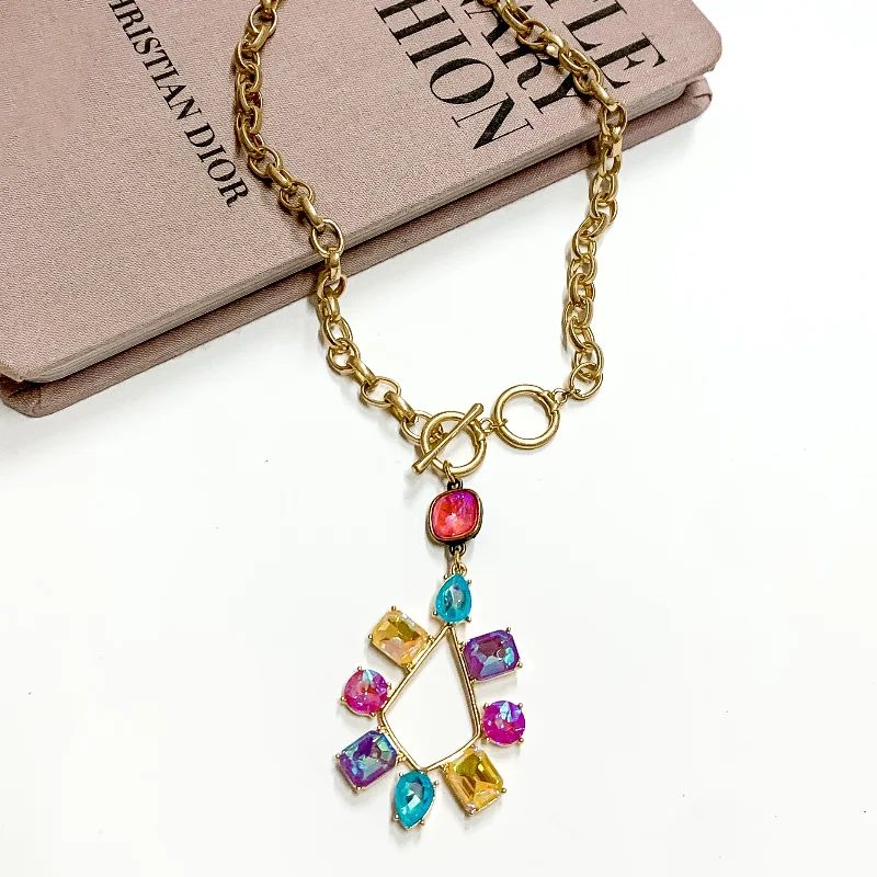 Abstract earrings for artistic style -Pink Panache | Gold Tone Chain Necklace with a Pink Lotus Delight Crystal Drop and Multicolor Crystal Teardrop Pendant