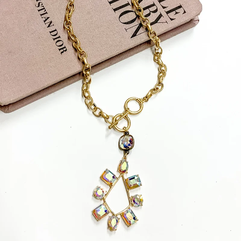 Large gold earrings for bold statements -Pink Panache | Gold Tone Chain Necklace with a AB Crystal Drop and Crystal Teardrop Pendant