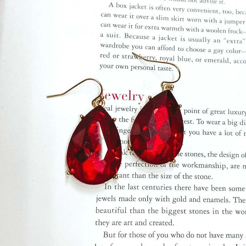 Crystal earrings for evening events -Pink Panache | Large Red Teardrop Crystals on Gold Fish Hook Earrings