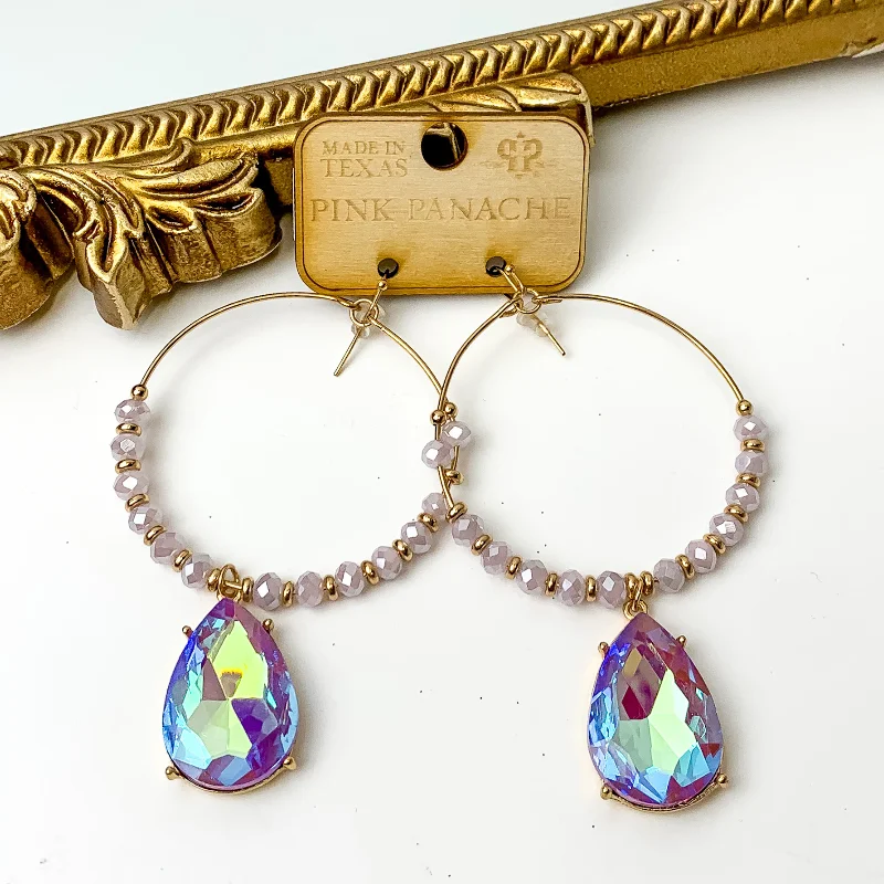 Classic hoop earrings for timeless style -Pink Panache | Lavender Bead and Gold Circles on Gold Tone Hoops with Large Crystal Teardrop in Lavender AB