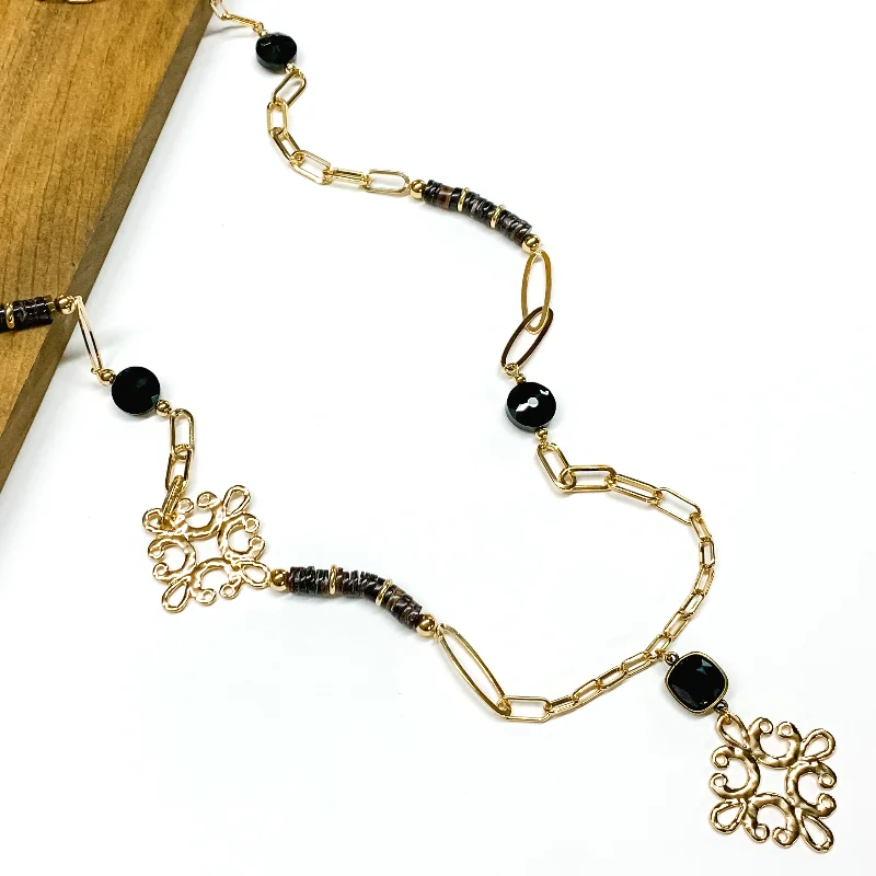 Ear jackets for trendy looks -Pink Panache | Long Gold Tone Paperclip Chain and Black Beaded Necklace with Black Cushion Cut Crystal and Gold Tone Quatrefoil Drop