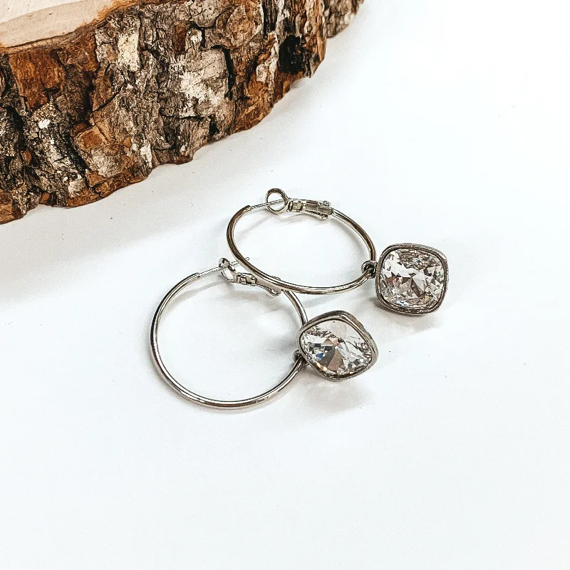 Hoop earrings for daily use -Pink Panache | Medium Silver Hoop Earrings with Clear Cushion Cut Drop Crystals