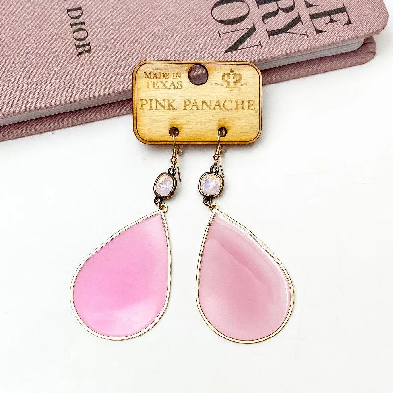 Unique statement earrings for women -Pink Panache | Rose Water Opal Cushion Cut Drop Earrings with Pink Acrylic Teardrop Pendant