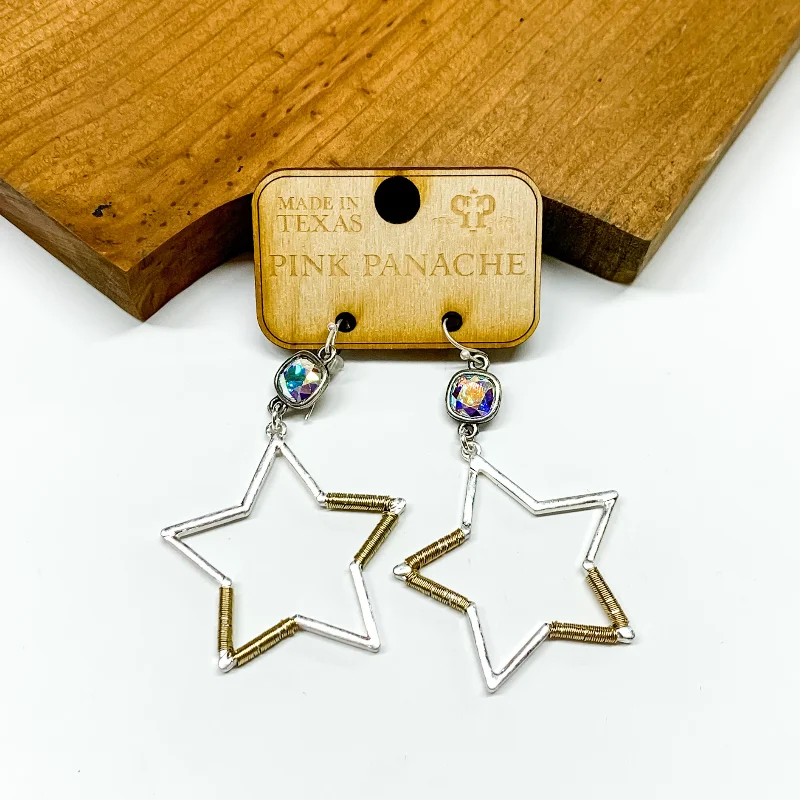 Bold statement earrings for confidence -Pink Panache | Silver and Gold Tone Star Earrings with AB Cushion Cut