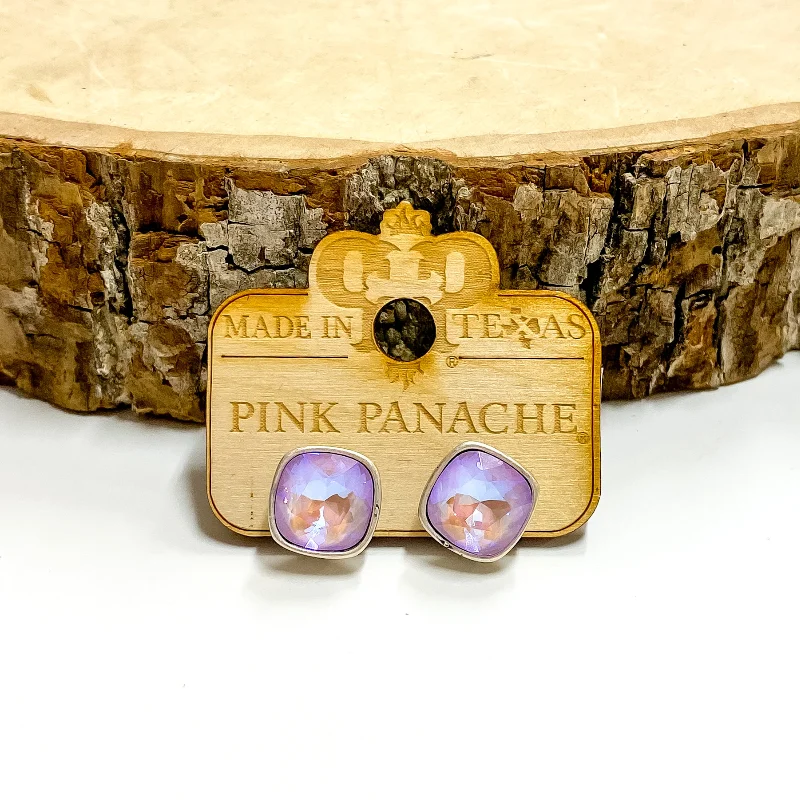 Silver earrings for everyday outfits -Pink Panache | Silver Tone Stud Earrings with Cushion Cut Crystals in Lavender