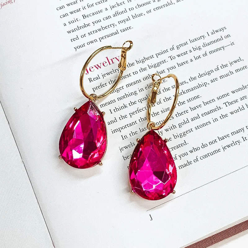 Chunky statement earrings for women -Pink Panache | Small Gold Tone Hoop Earrings with Large Fuchsia Teardrop Crystals