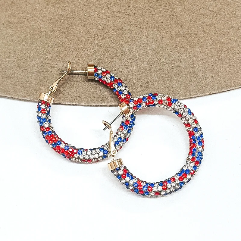 Gold stud earrings for professional style -Pink Panache | Small Hoop Earrings with Red, White, and Blue Rhinestone Mesh