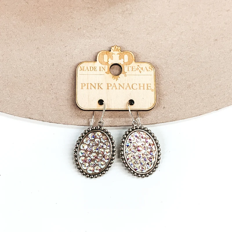 Silver earrings for everyday outfits -Pink Panache | Small Silver Oval Earrings with AB Crystals