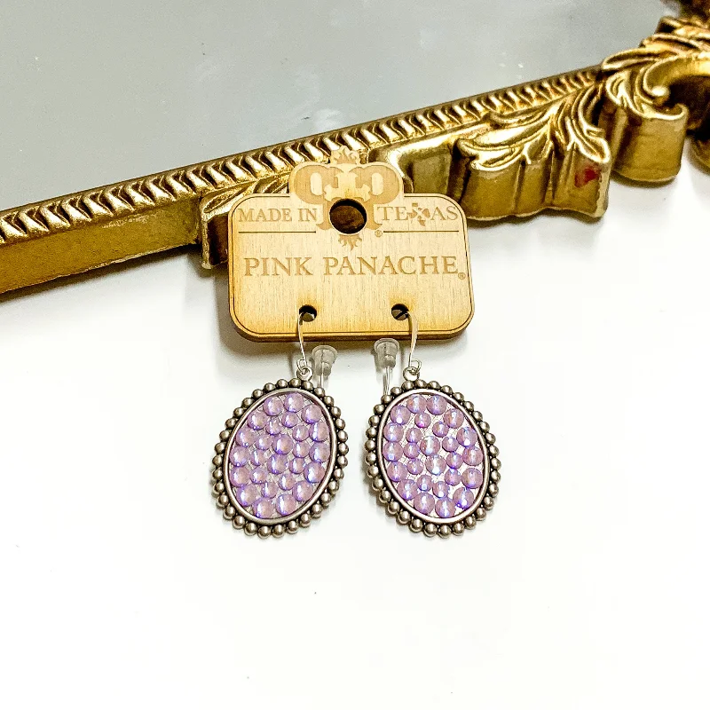 Simple silver earrings for daily wear -Pink Panache | Small Silver Tone Oval Earrings with Lavender Crystals