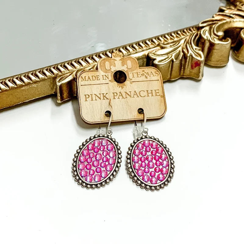 Silver hoop earrings for casual wear -Pink Panache | Small Silver Tone Oval Earrings with Pink Lotus Delight Crystals