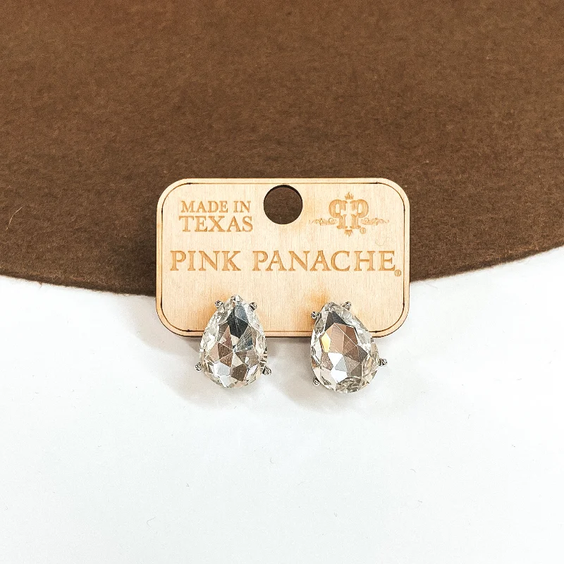 Sparkling stud earrings for brides -Pink Panache | Teardrop Clear Crystal Post Earrings in a Silver Setting