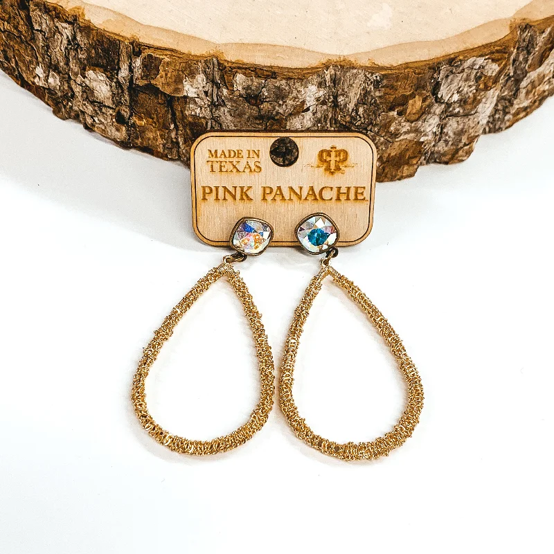 Chunky statement earrings for women -Pink Panache | Textured Teardrop Earrings with AB Cushion Cut Crystals in Gold