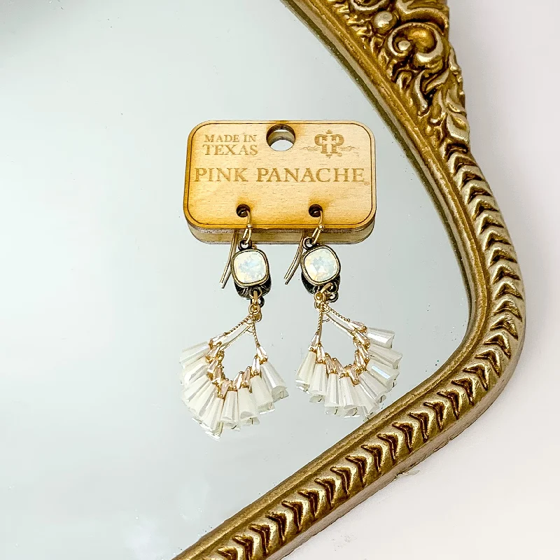 Trendy ear cuffs for fashion lovers -Pink Panache | White Opal Cushion Cut Drop Earrings with Gold Tone Diamond Pendant and White Beads