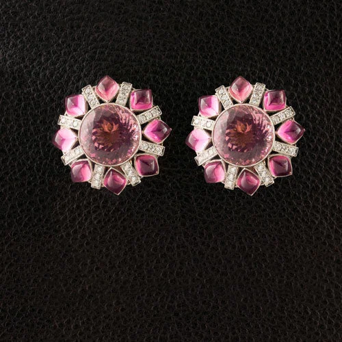 Geometric earrings for modern fashion -Pink Tourmaline & Diamond Button Estate Earrings