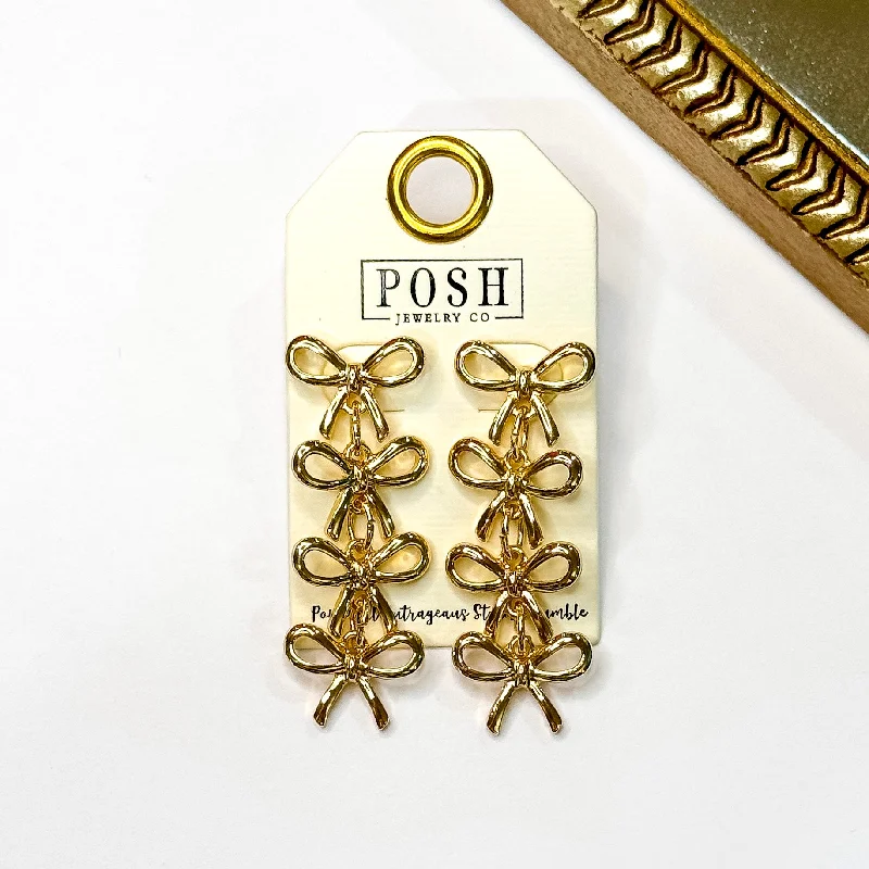 Statement earrings for party outfits -Posh by Pink Panache | Gilded Glamour Gold Tone Bow Dangle Earrings