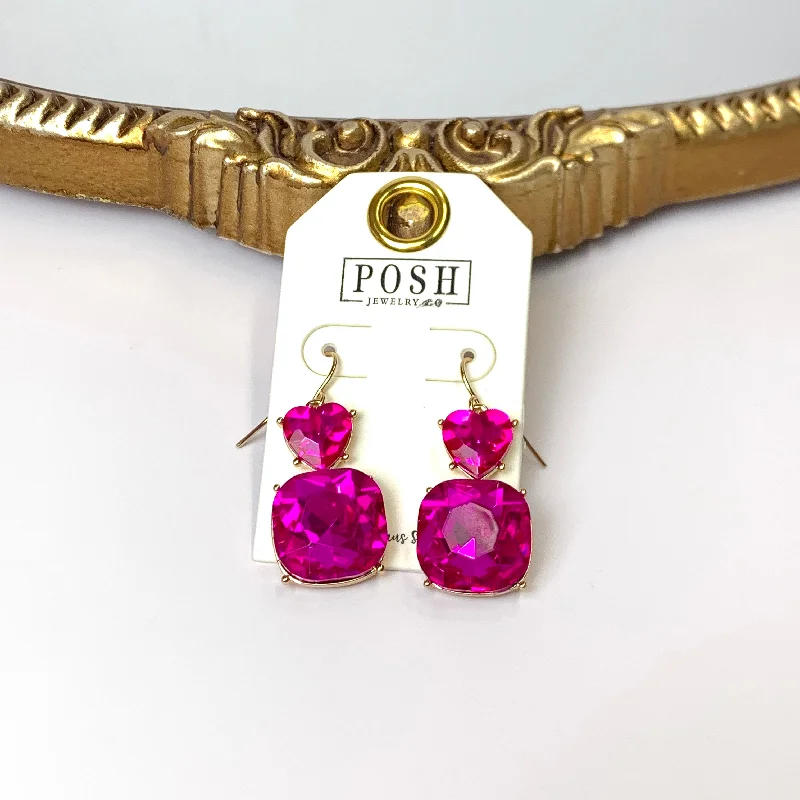 Statement earrings with crystals for added glam -Posh by Pink Panache | Gold Tone Fuchsia Pink Heart Shaped and Cushion Cut Crystal Drop Earrings