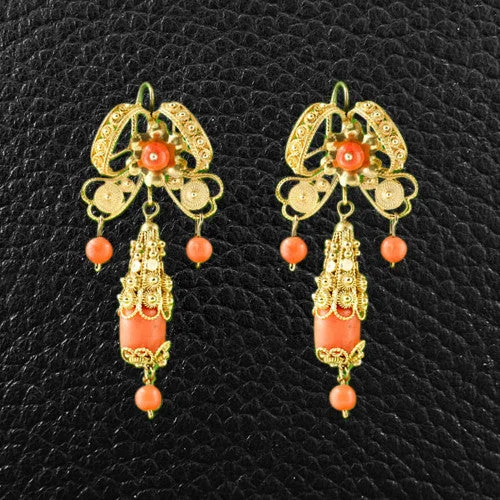 Artistic earrings for unique fashion -Red Coral & Gold Filigree Estate Earrings