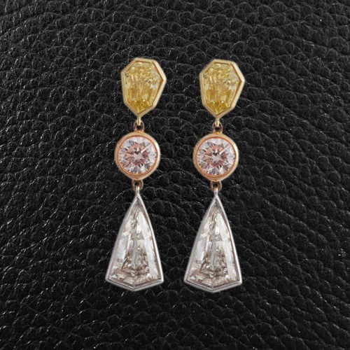 Small gold earrings for subtle elegance -Yellow, Pink & White Diamond Dangle Earrings