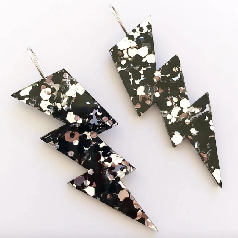 Crystal earrings for evening events -Bolt Drop Earrings Silver/Black Glitter