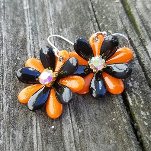 Long dangle earrings for party wear -Halloween Flower Earrings Black and Orange with AB Rhinestones