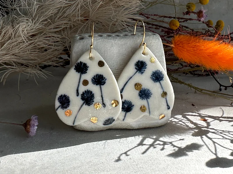 Gold hoop earrings for everyday wear -Hand Painted Dandelion Porcelain Earrings with gold dots