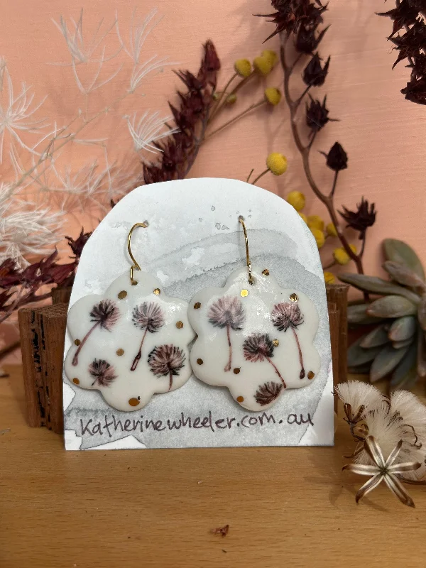 Geometric silver earrings for edgy style -Sepia Hand Painted Dandelion Porcelain Earrings with gold does