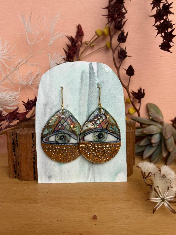 Statement earrings with crystals for added glam -‘The Protective Eye’ Porcelain Earrings With Gold Detail